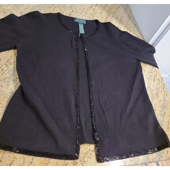 Lauren Ralph Lauren Size M Vintage Black Cashmere Wool Angora Cardigan Beaded - Picture 8 of 12